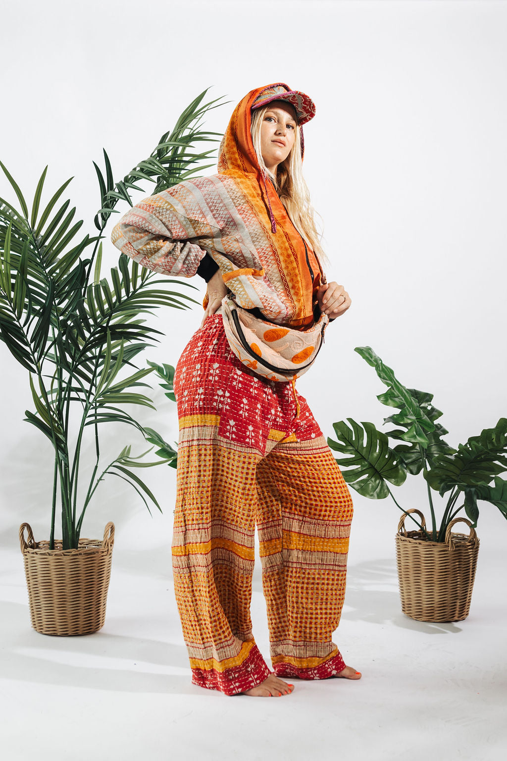 a woman in a colorful outfit