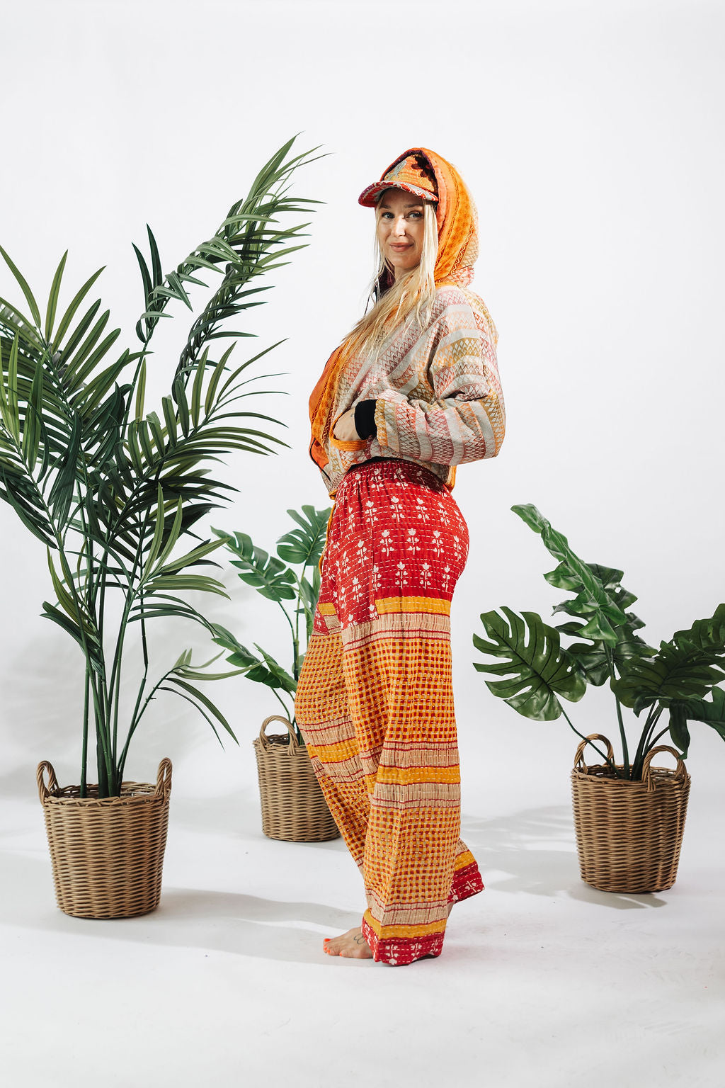 a woman in a colorful outfit