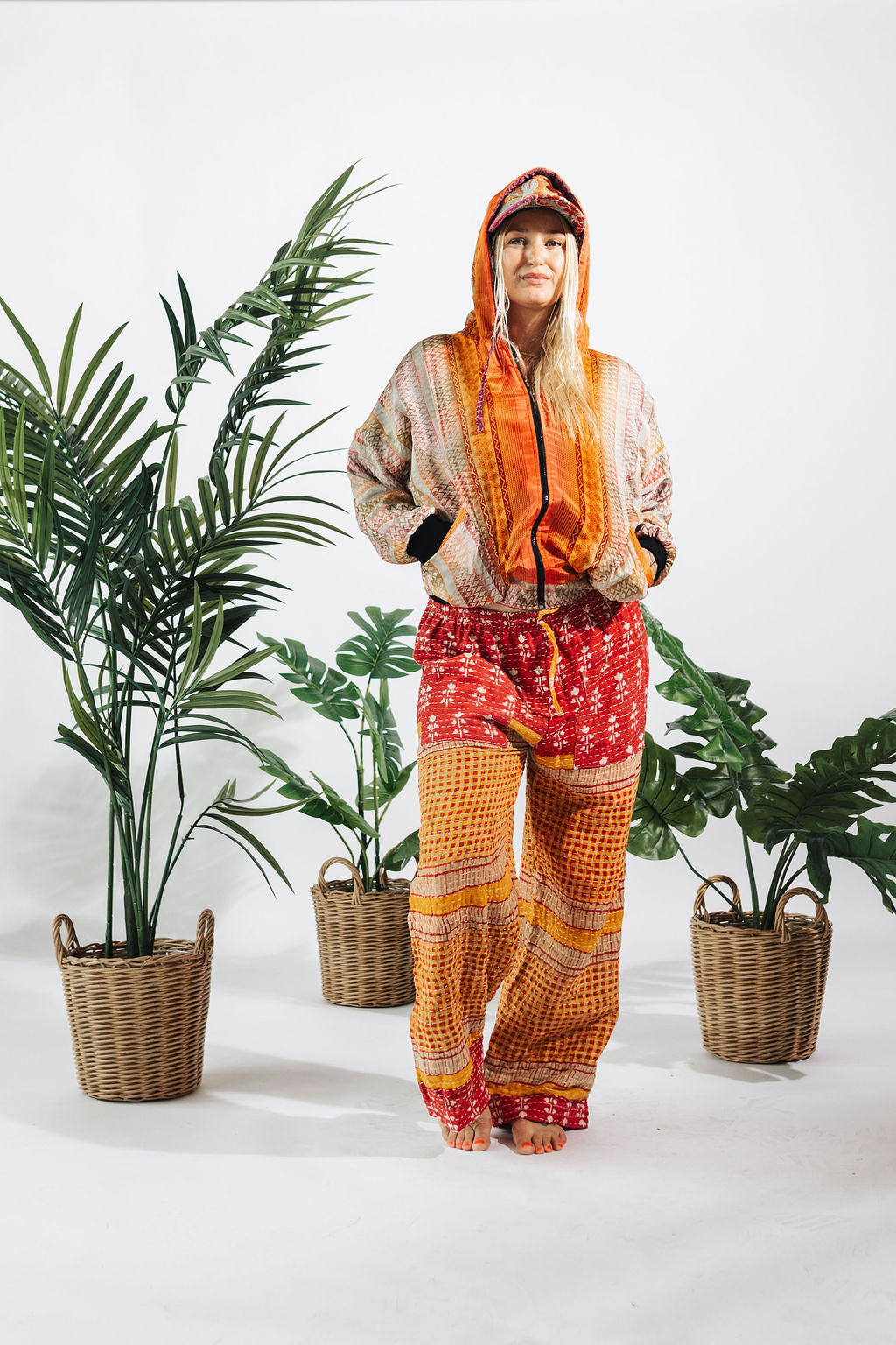 a woman in a colorful outfit